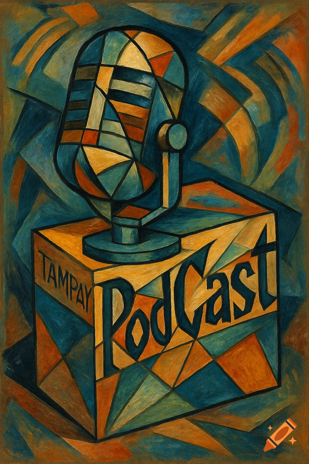 A cubist style painting of a vintage microphone on a geometric box. The box reads "TAMPAY" on one side and "PodCast" on the front. Colors are teal, orange, and brown.