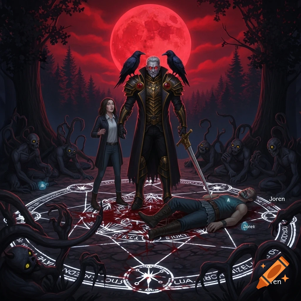 A dark fantasy scene with a tall armored man and a woman in a forest under a red moon. They stand in a magic circle with a wounded man and monstrous figures.