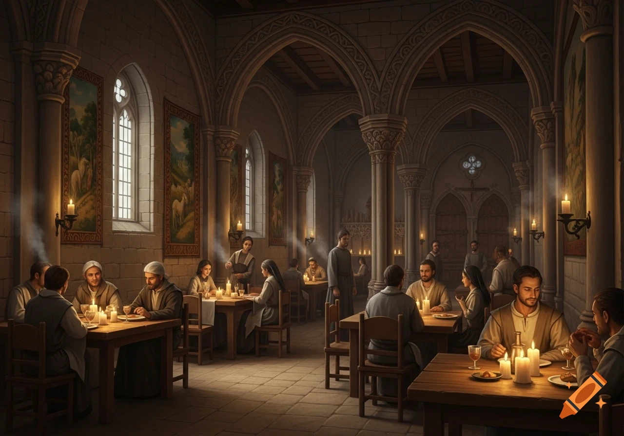 People in period clothing dine by candlelight in a vaulted stone monastery hall.