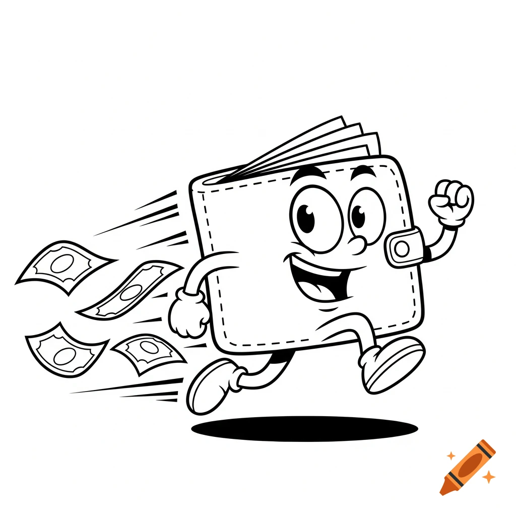 A black and white cartoon illustration of a smiling anthropomorphic wallet with big eyes, running and dropping money bills.