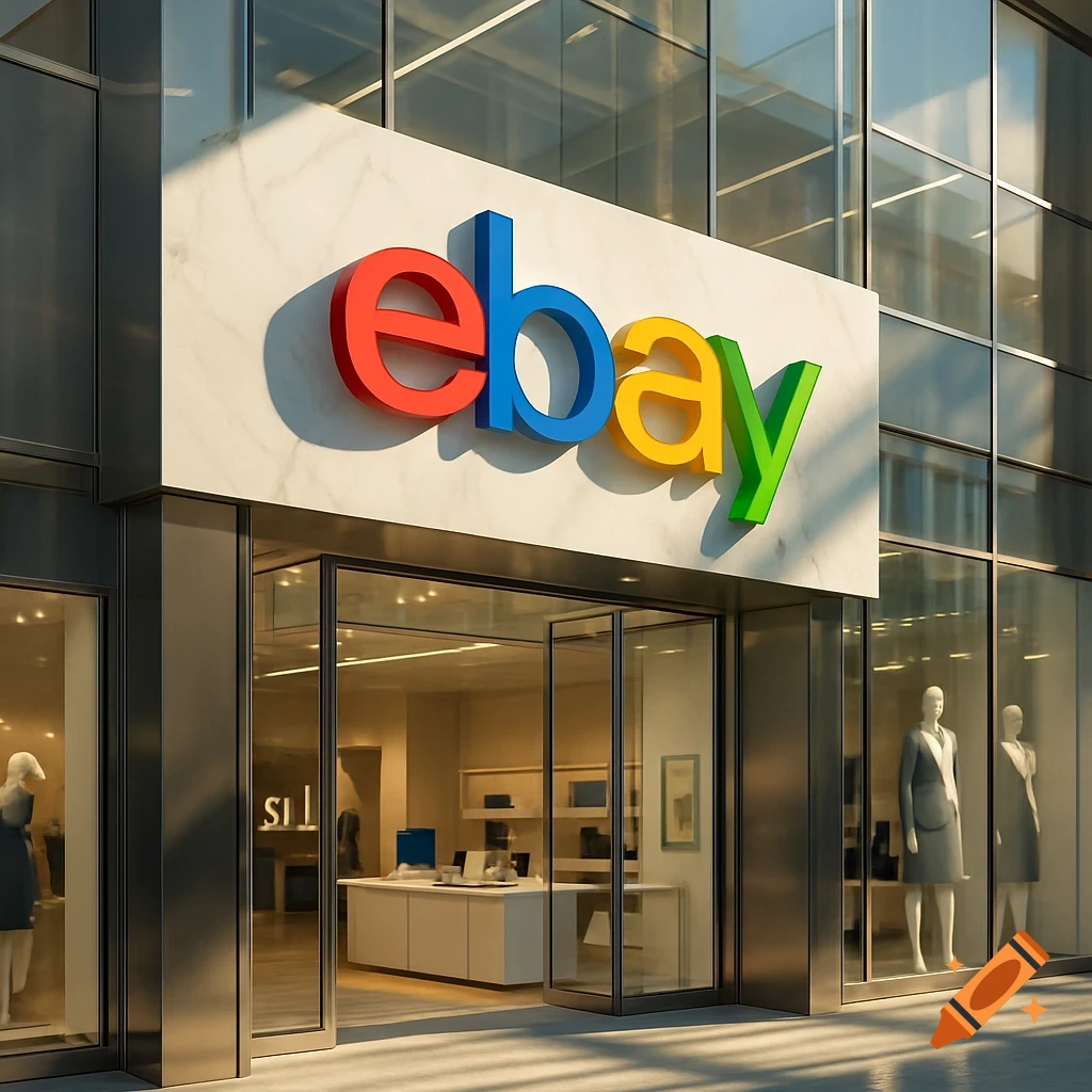 A modern store facade featuring a prominent, colorful eBay logo above the entrance in a photorealistic style.