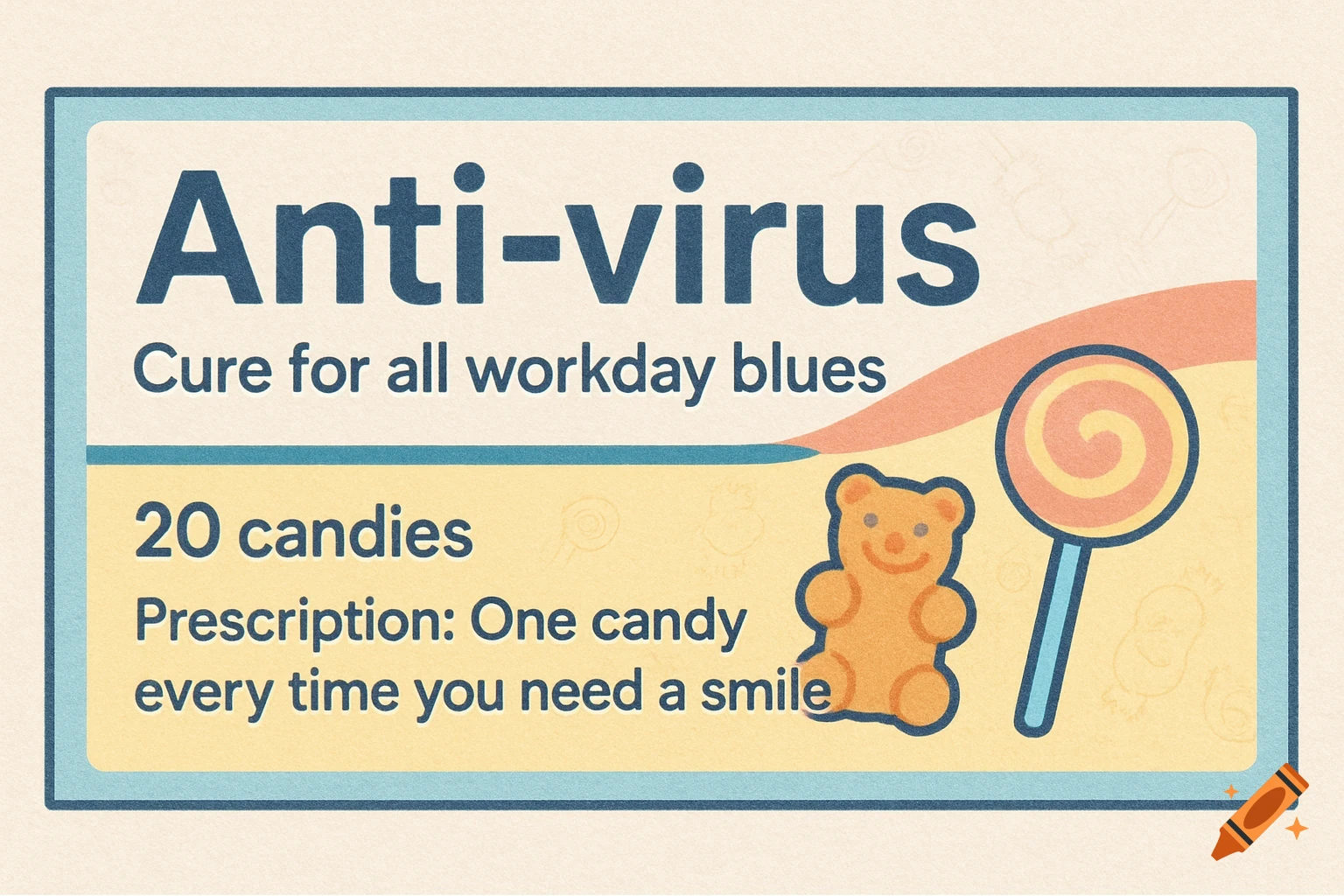 A light blue and beige label for 'Anti-virus' candies, featuring a gummy bear and a lollipop, designed like a medicine box.