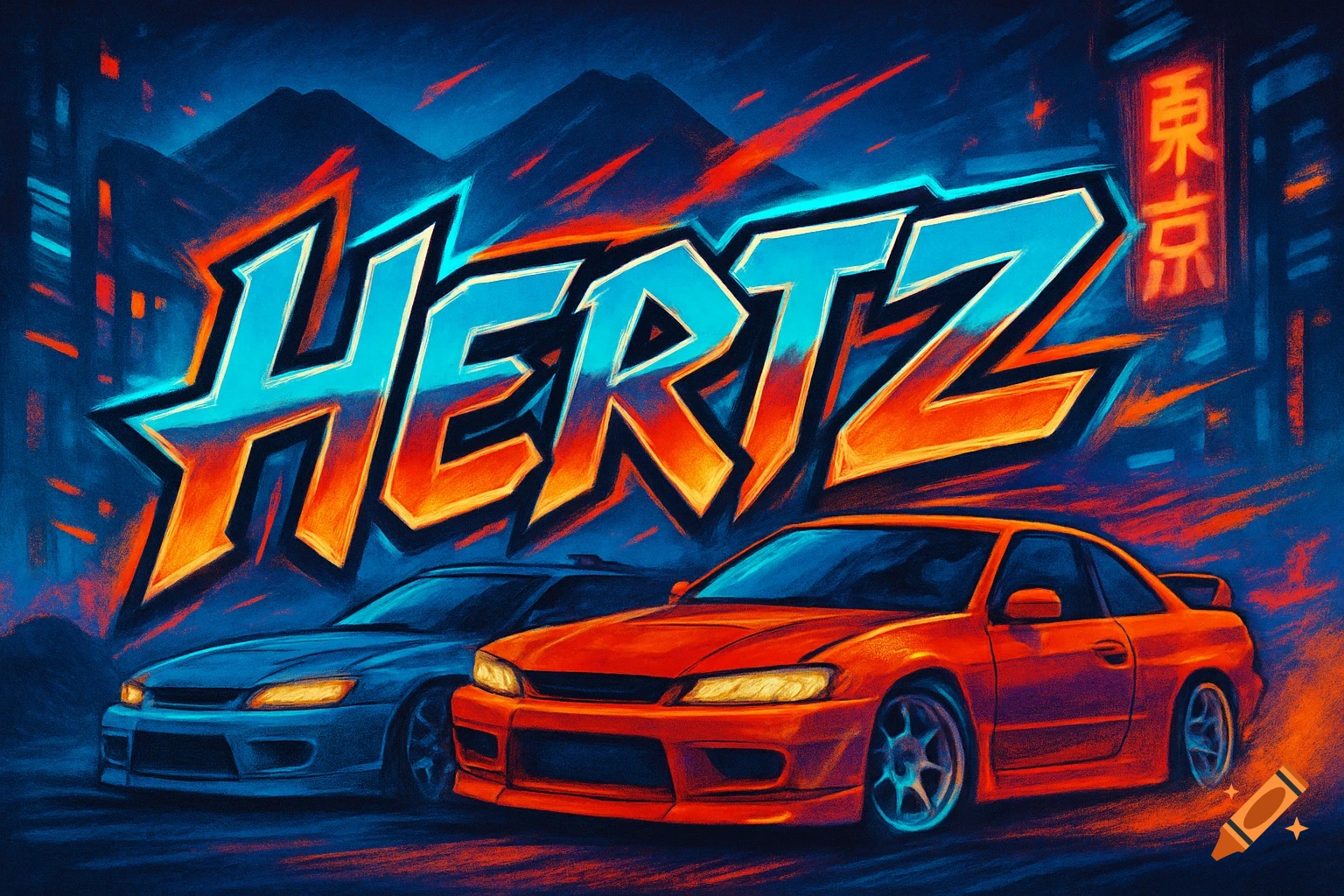 Vibrant stylized art of a blue and an orange JDM car at night, with 'HERTZ' in graffiti letters and a Tokyo neon sign.