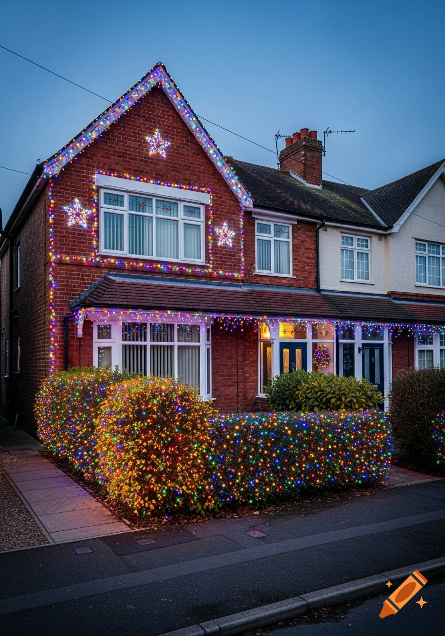 Red-brick semi-detached house at blue hour, adorned with vibrant multi-color Christmas lights on the roofline, windows, and hedges.