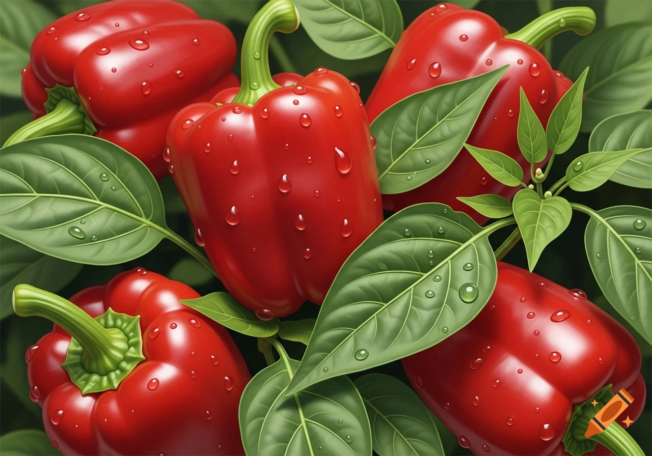 Close-up of vibrant red bell peppers covered in water droplets, nestled among lush green leaves.