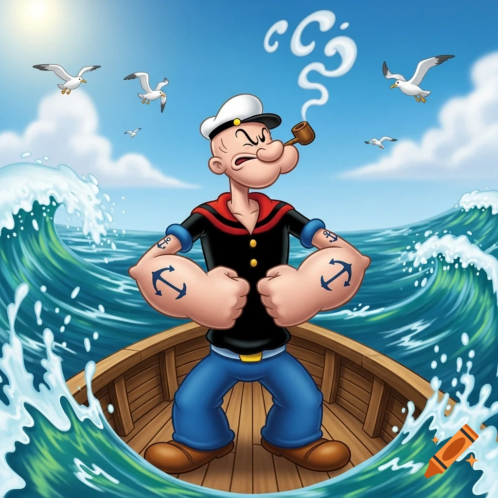 Cartoon illustration of Popeye the Sailor flexing his biceps in a wooden boat on a wavy blue sea with seagulls and a sunny sky.