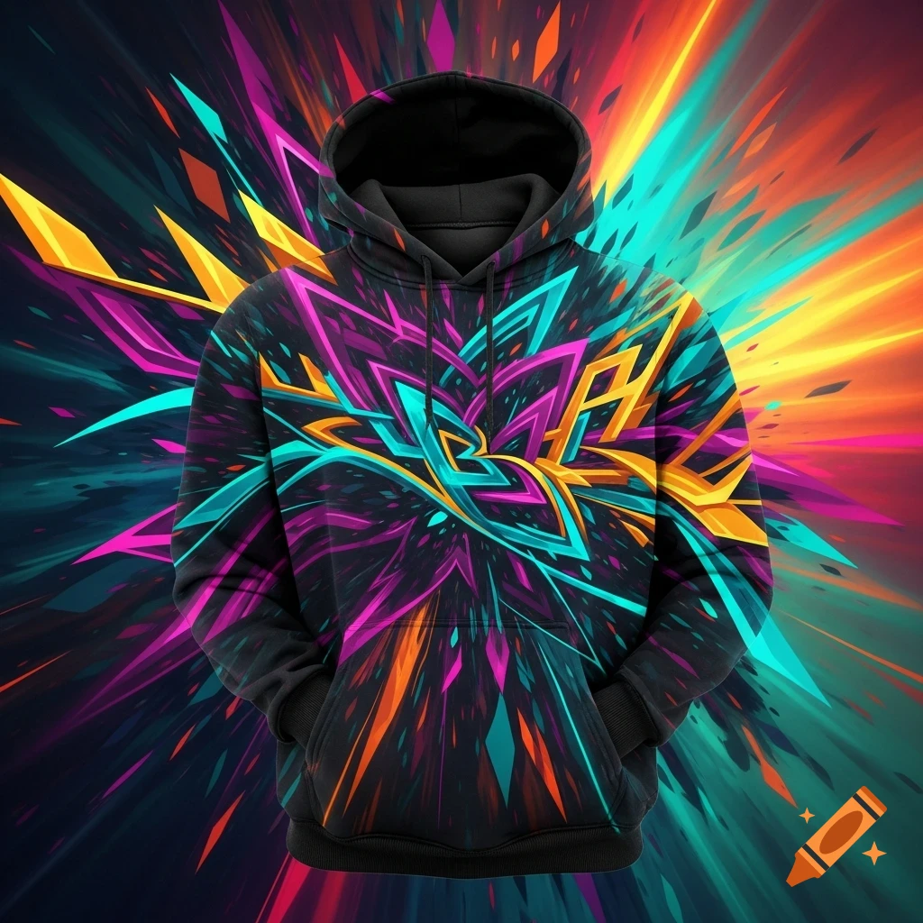 Black hoodie with vibrant neon abstract shapes in a futuristic graffiti style, against a matching explosive background.