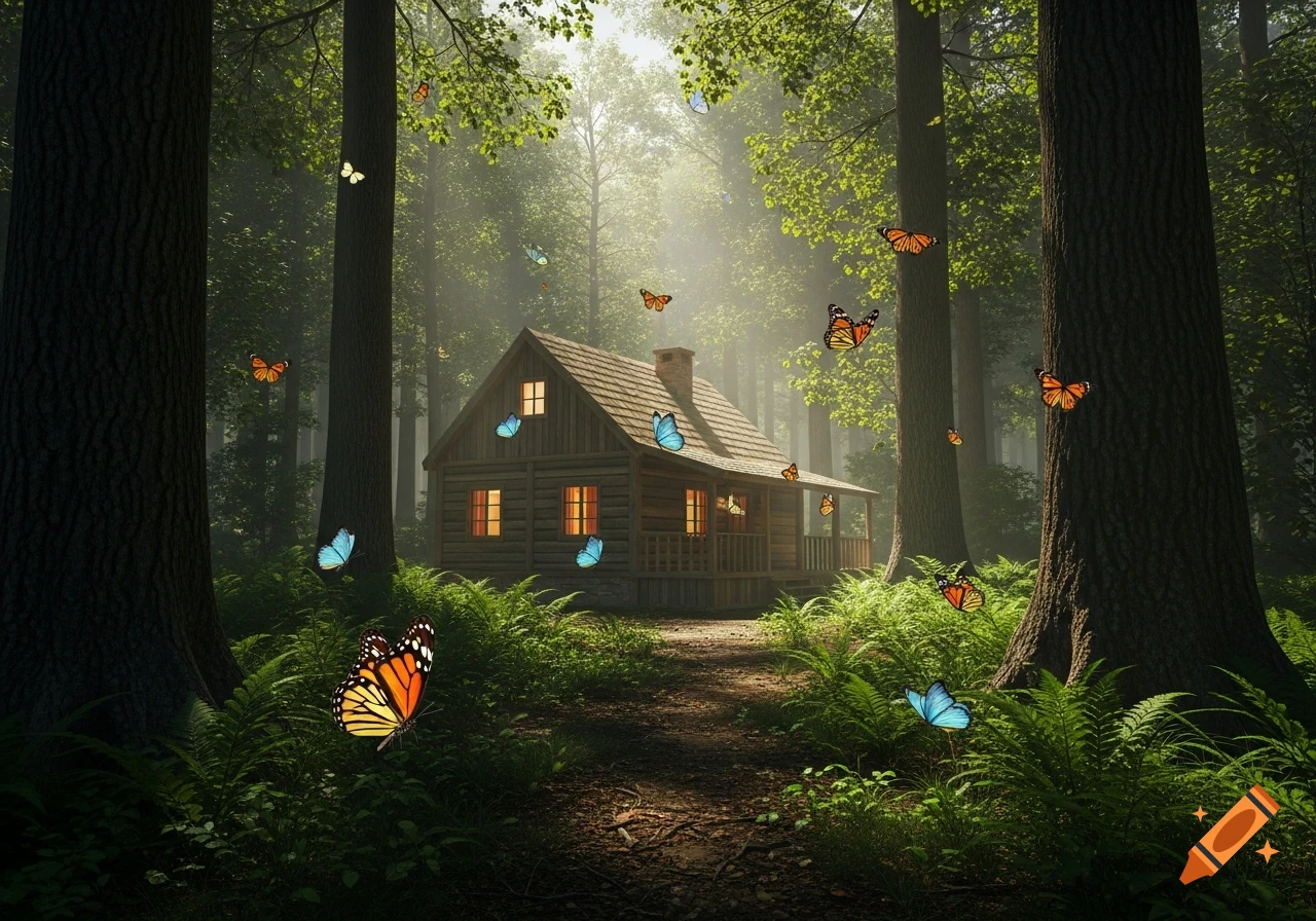 A rustic wooden cabin nestled deep in a sun-drenched forest, surrounded by tall trees, lush ferns, and colorful butterflies.