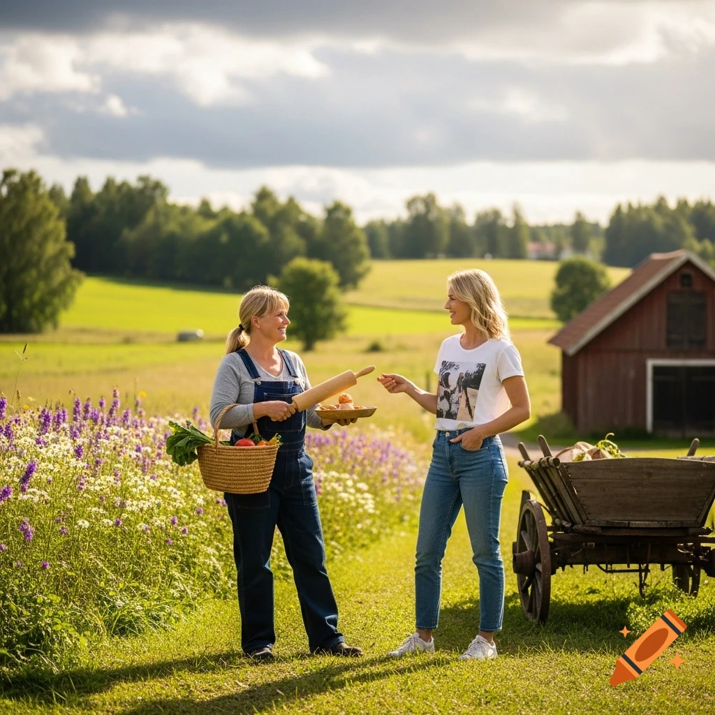 Two women on a sunny Scandinavian country farm, one in overalls with a basket and rolling pin, talking to another in jeans and a t-shirt.