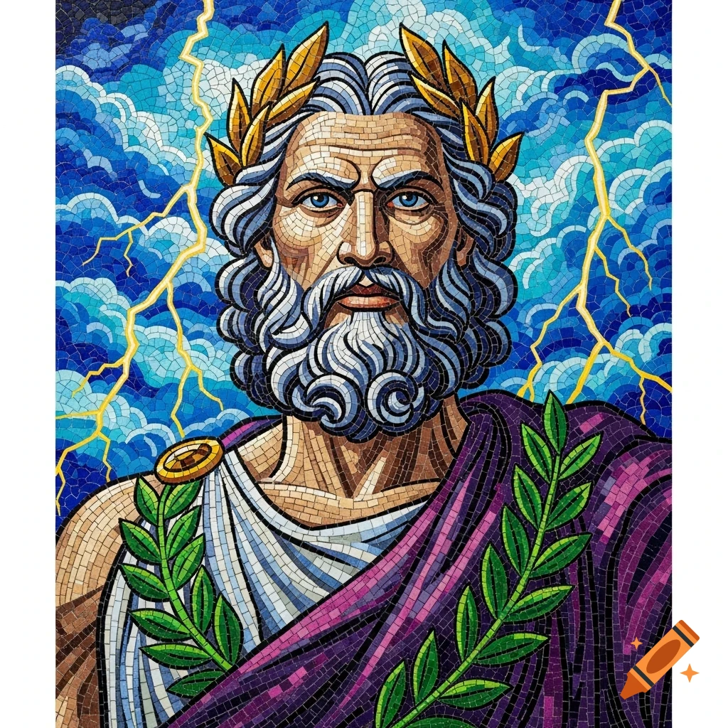 Mosaic portrait of Zeus with a grey beard, golden laurel wreath, purple toga, and a stormy, lightning-filled blue sky background.