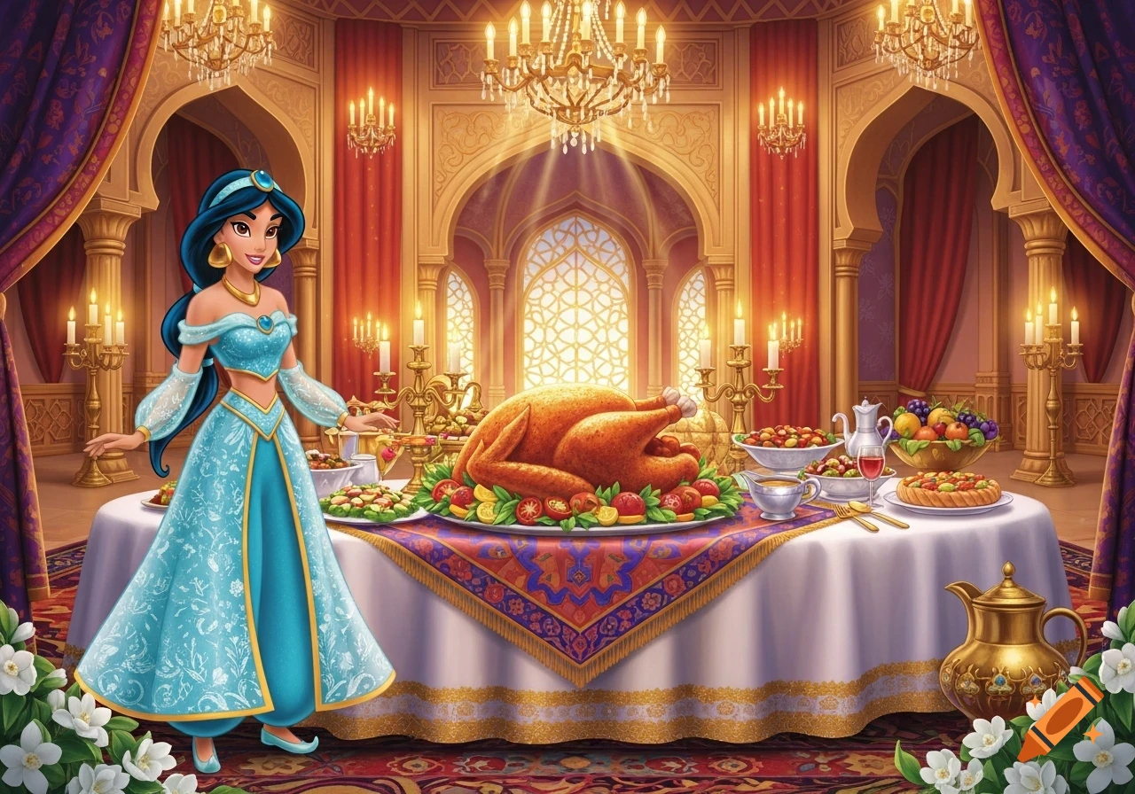 Princess Jasmine stands in a lavish, golden hall with a grand feast featuring a roasted turkey on a white tablecloth.