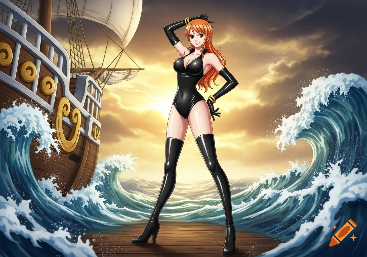 Anime character Nami from One Piece in a black leotard and boots, standing on a dock with a ship and waves under a dramatic sky.
