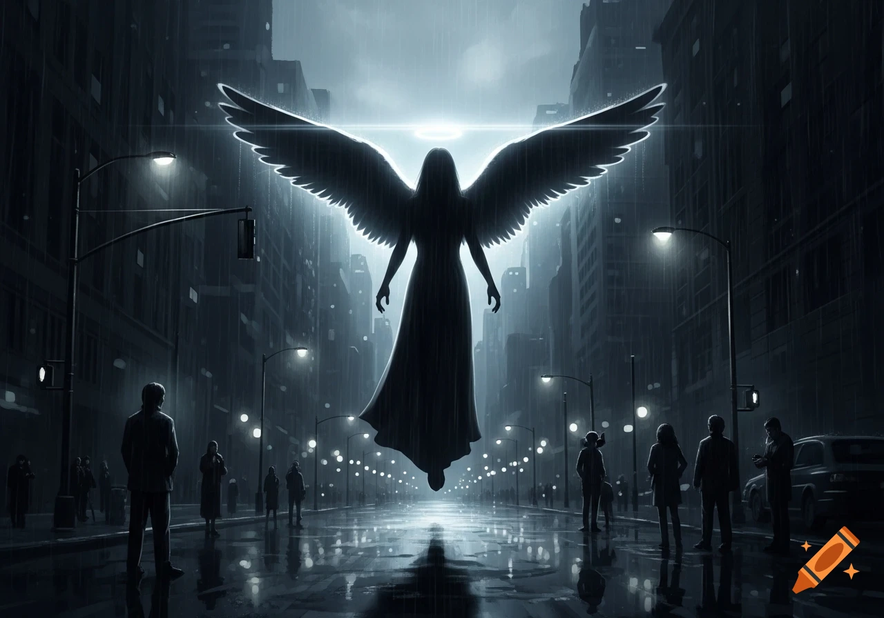 A glowing winged angel silhouette floats above a dark, rainy city street as people look up from below.