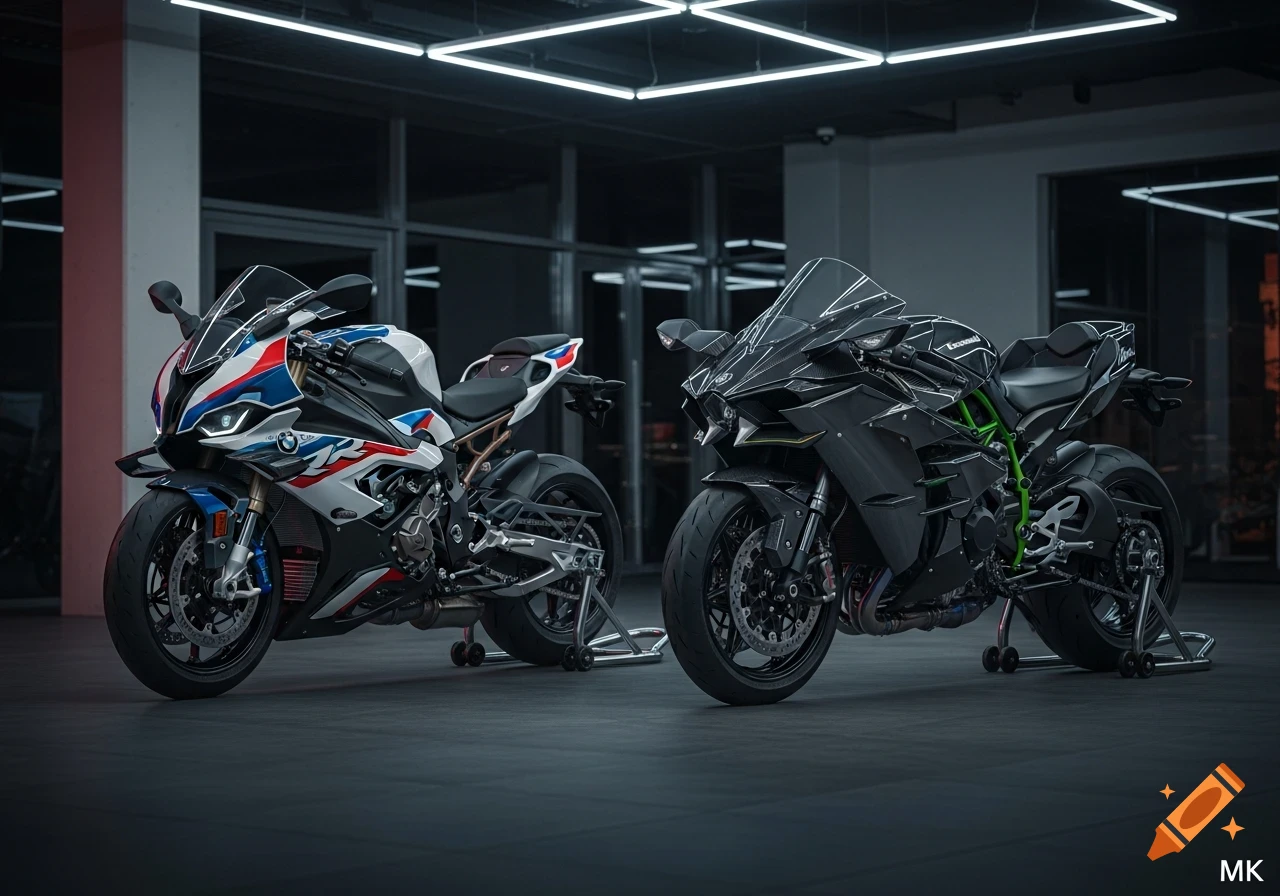 Two high-performance sportbikes, a white, red, and blue BMW M 1000 RR and a black Kawasaki Ninja H2, are parked in a dark, sleek showroom.