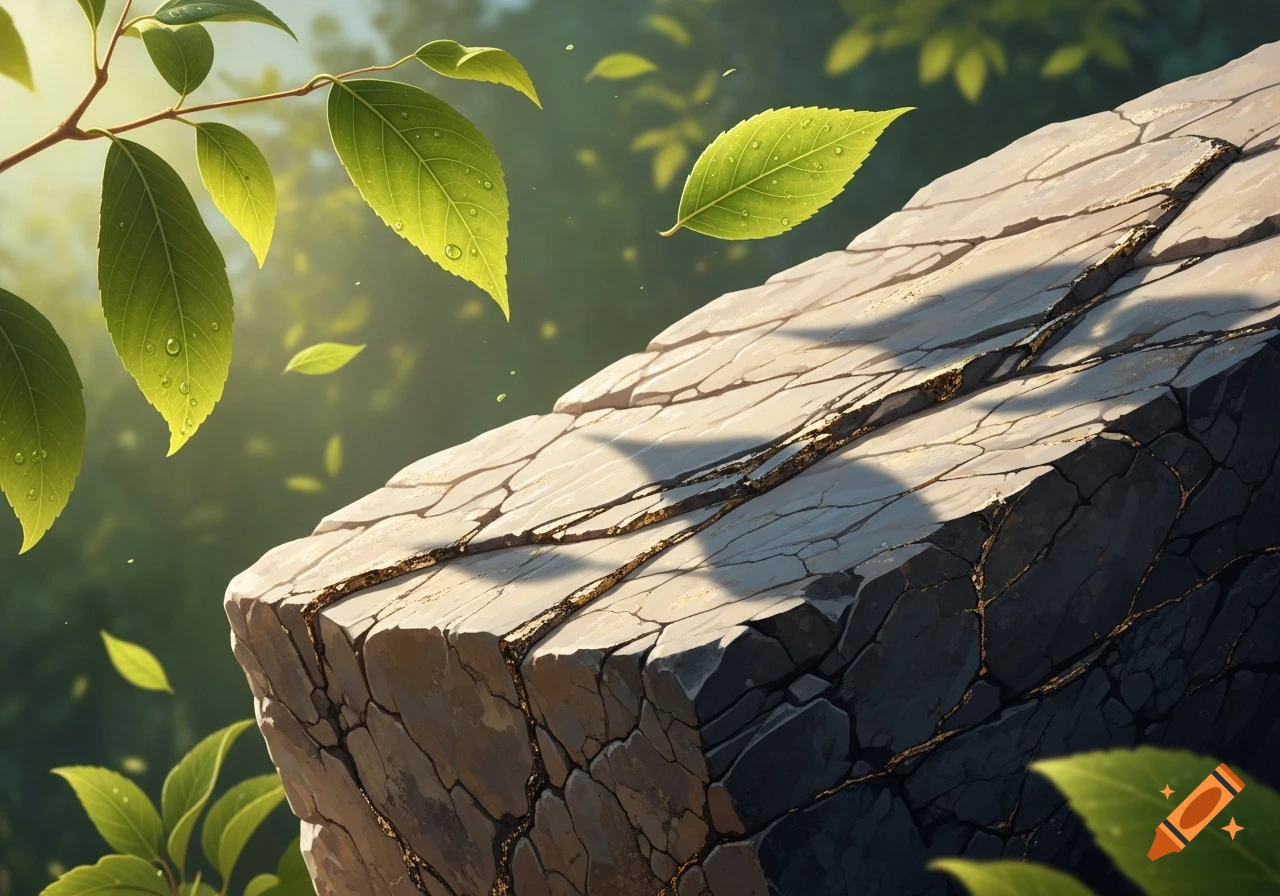 Detailed photorealistic close-up of a cracked stone slab and vibrant green leaves with water droplets in soft sunlight.