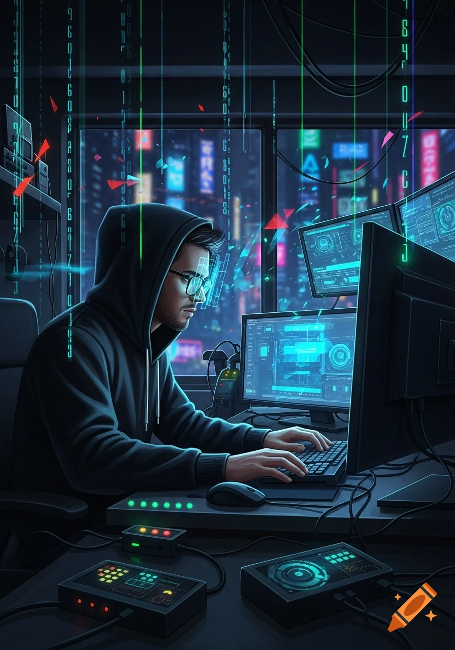 A man in a black hoodie and glasses sits at a desk, typing on a keyboard, surrounded by glowing computer monitors displaying holographic data and binary code. Neon city lights are visible outside a window, creating a dark, cyberpunk atmosphere.