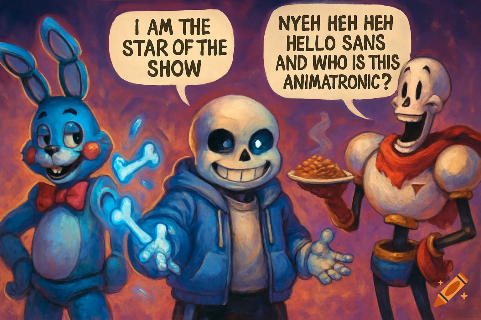 An illustration depicting Sans with a glowing blue eye, Toy Bonnie, and Papyrus holding a plate of spaghetti, all conversing with speech bubbles against a painterly background.