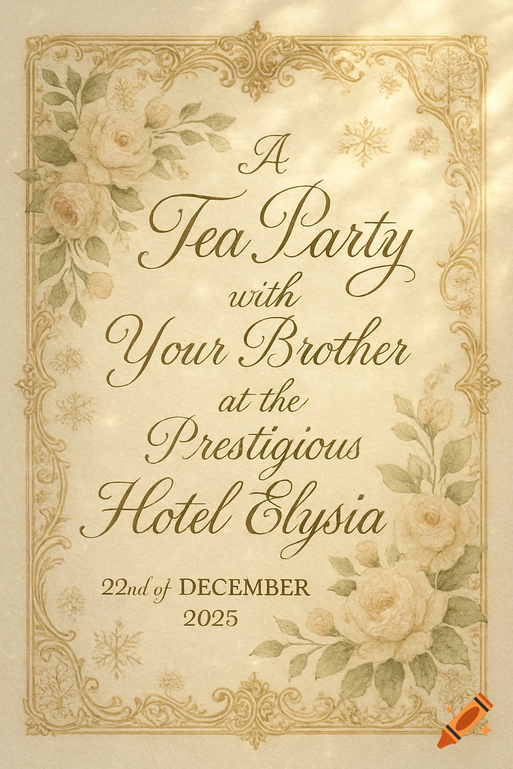 Elegant vintage tea party invitation with roses and ornate gold frame, featuring text about a tea party at Hotel Elysia on Dec 22, 2025.