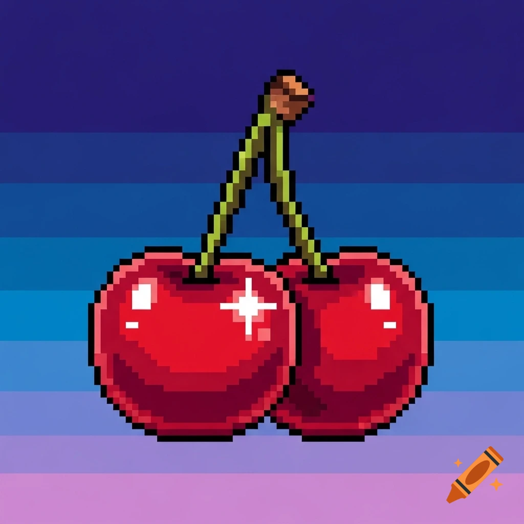 Two shiny red pixel art cherries with green stems and a brown tip, set against a gradient striped blue and purple background.