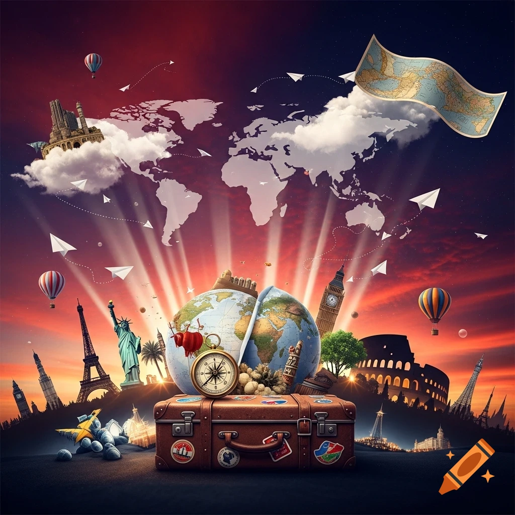 A vibrant travel-themed illustration featuring a suitcase, compass, split globe, and world landmarks under a dramatic sky with a world map.