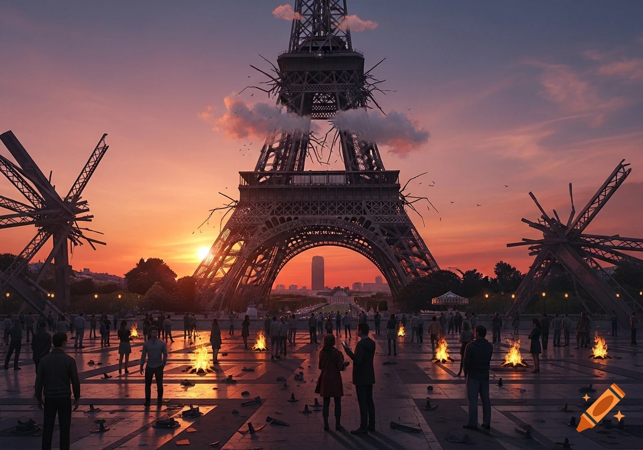 A destroyed Eiffel Tower at sunset, surrounded by crowds, fires, and debris on a large plaza.