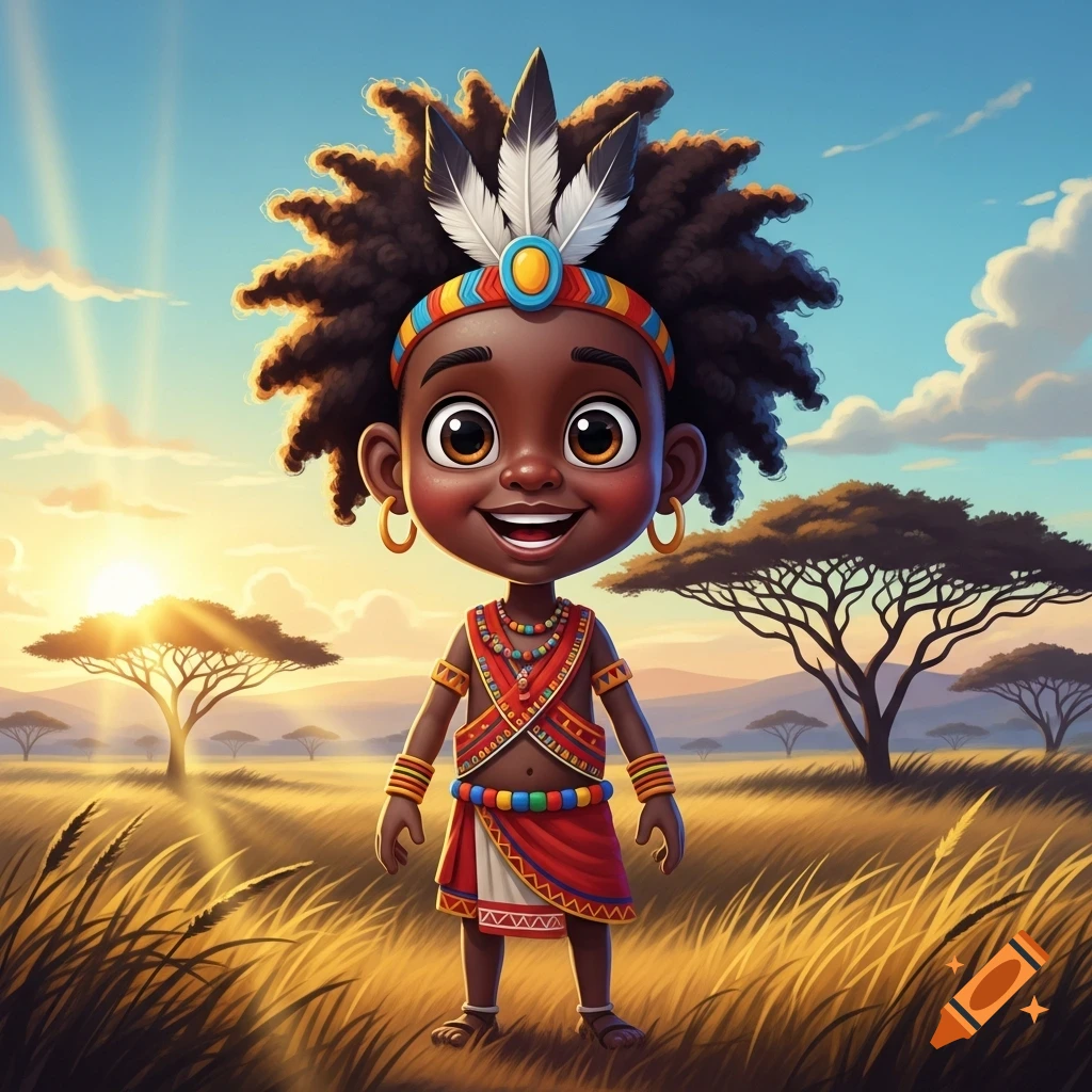 Smiling cartoon African child in traditional attire with a feathered headband and large afro, standing in a sunny savanna.