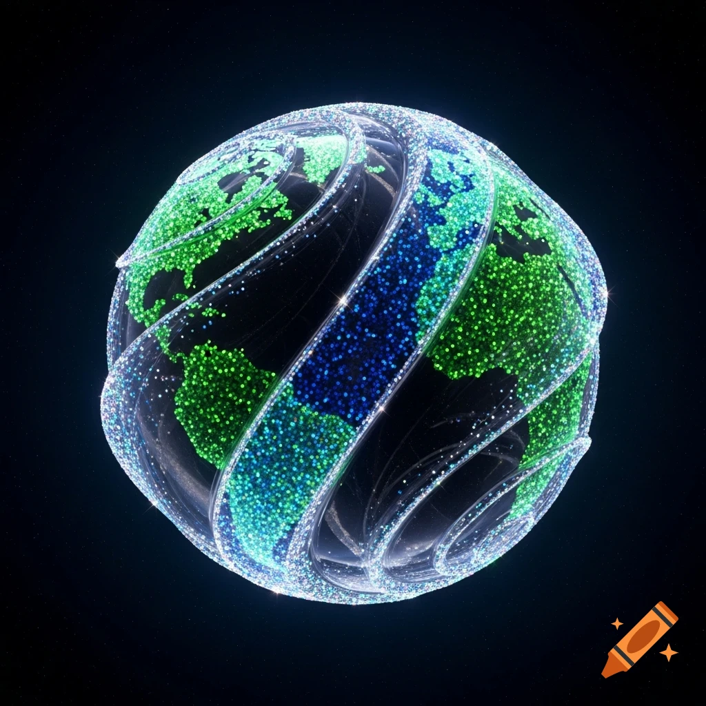 A sparkling globe made of green and blue glitter, encircled by shimmering transparent ribbons, set against a dark starry background.