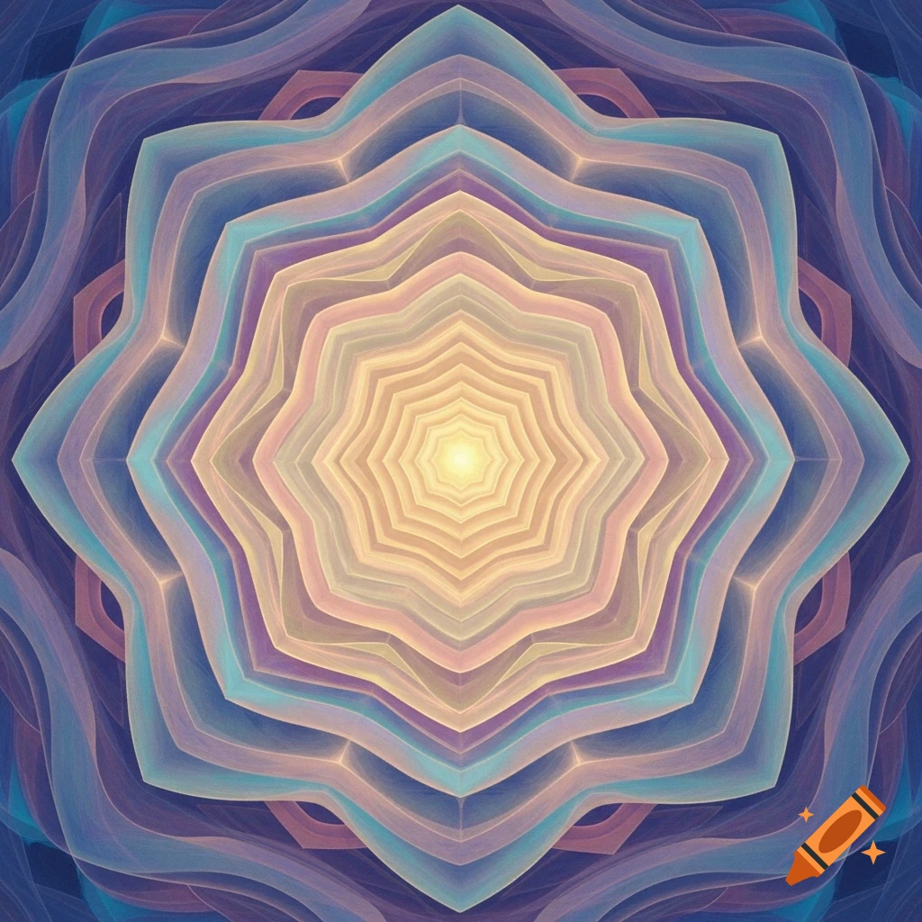 Abstract symmetrical pattern with a glowing yellow center, surrounded by concentric wave-like layers in shades of blue, purple, and pink.