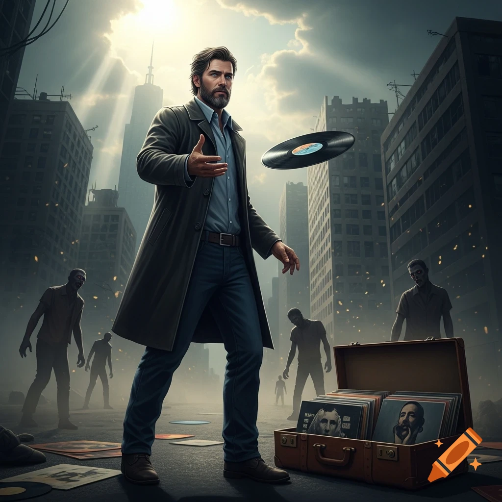 A man in a trench coat throws a vinyl record like a frisbee in a dystopian city filled with zombies, with sunrays shining down. An open suitcase full of records is at his feet.