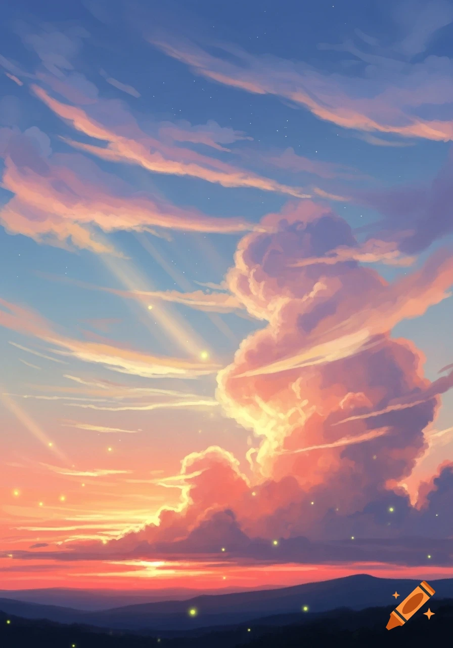 A vibrant, ethereal anime-style sunset with dramatic pink and orange clouds, light rays, and glowing specks over dark mountains.