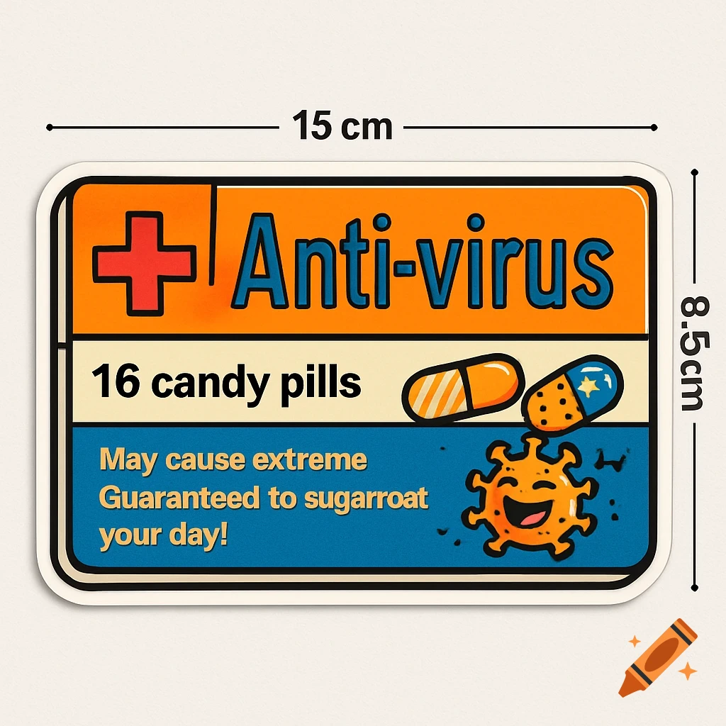 A humorous sticker designed like a medicine box for "Anti-virus" candy pills, with a smiling virus character. It reads "16 candy pills May cause extreme Guaranteed to sugarroat your day!"