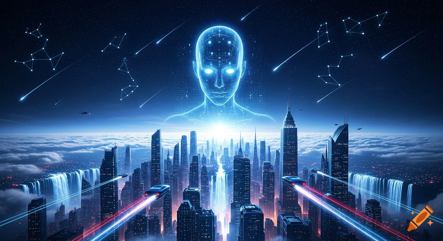 A glowing blue holographic AI entity hovers over a futuristic city at night, with neon-lit skyscrapers, flying cars, and a starry sky.