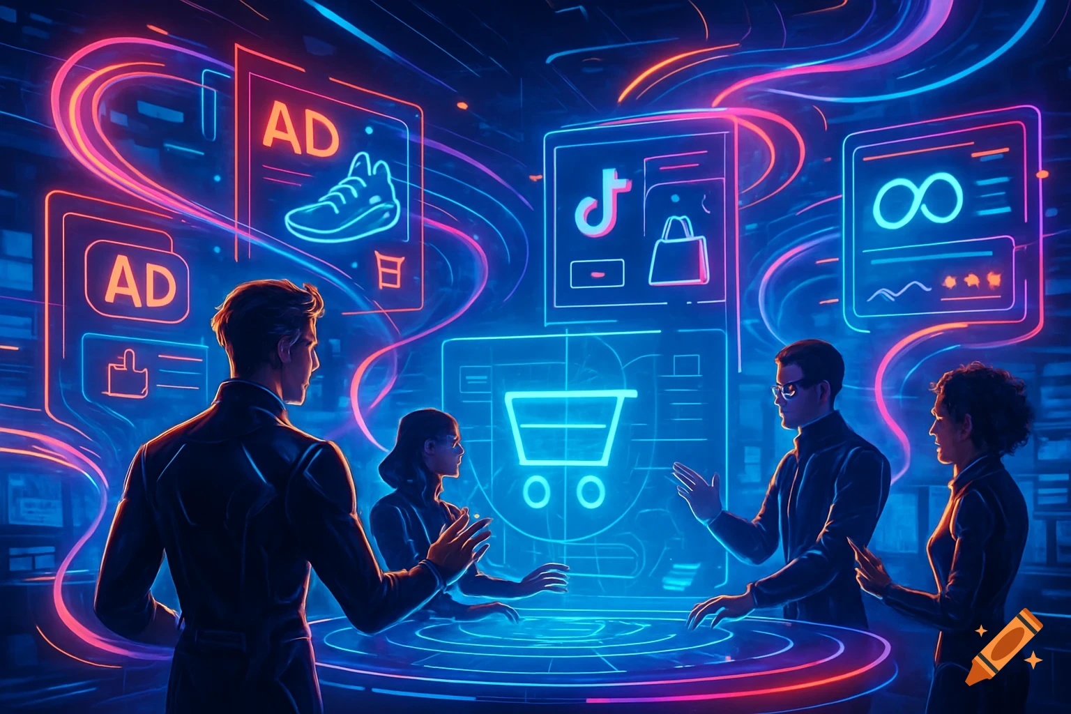 Four business people in a futuristic room interacting with holographic displays showing ads, a TikTok logo, a shopping cart, and other e-commerce symbols with neon light trails.