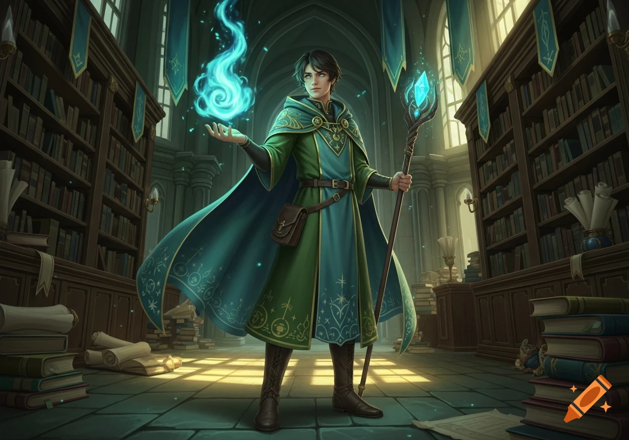 A young male wizard in a green cape holds a glowing blue-green flame and a magic staff in a grand library, fantasy art style.