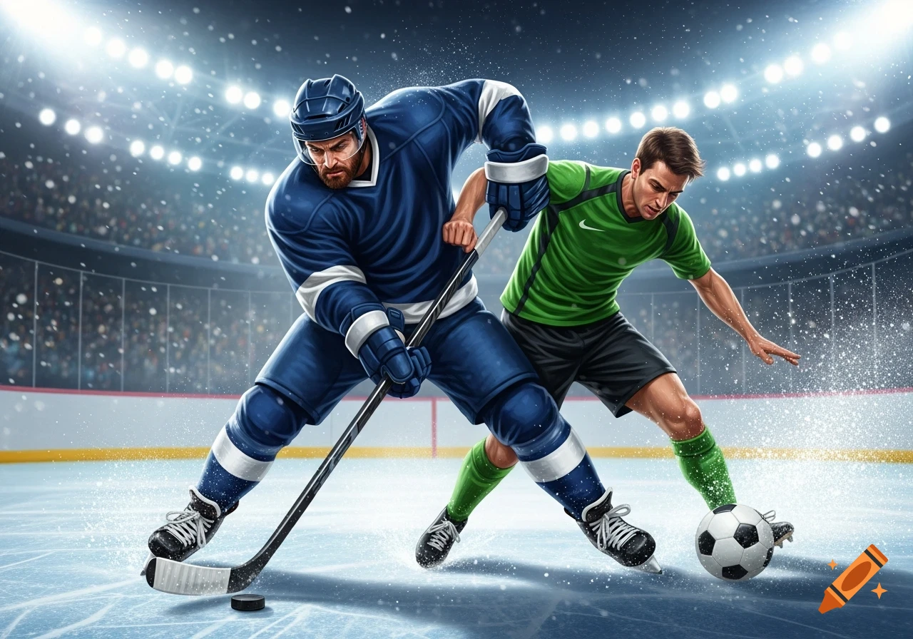 An intense illustration of a hockey player in blue gear facing off against a soccer player in green, both on an ice rink with a puck and soccer ball, under bright stadium lights.
