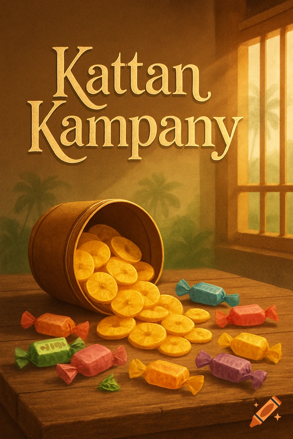 An illustration of a barrel spilling banana chips and colorful candies on a wooden table, with 'Kattan Kampany' text.