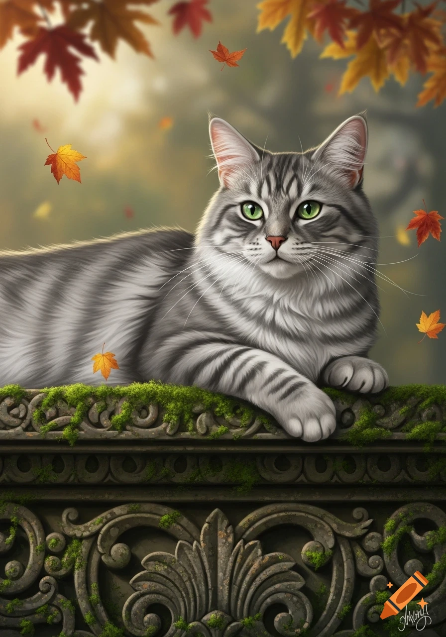 A realistic digital painting of a silver tabby cat with green eyes ...