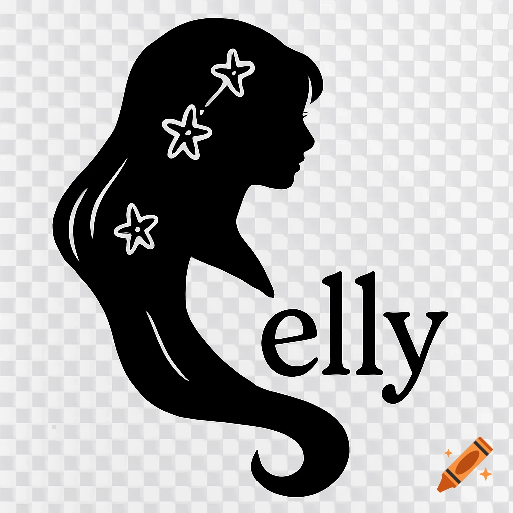 Black silhouette of a woman's head and long flowing hair adorned with white outlined stars, next to the word 'elly'.