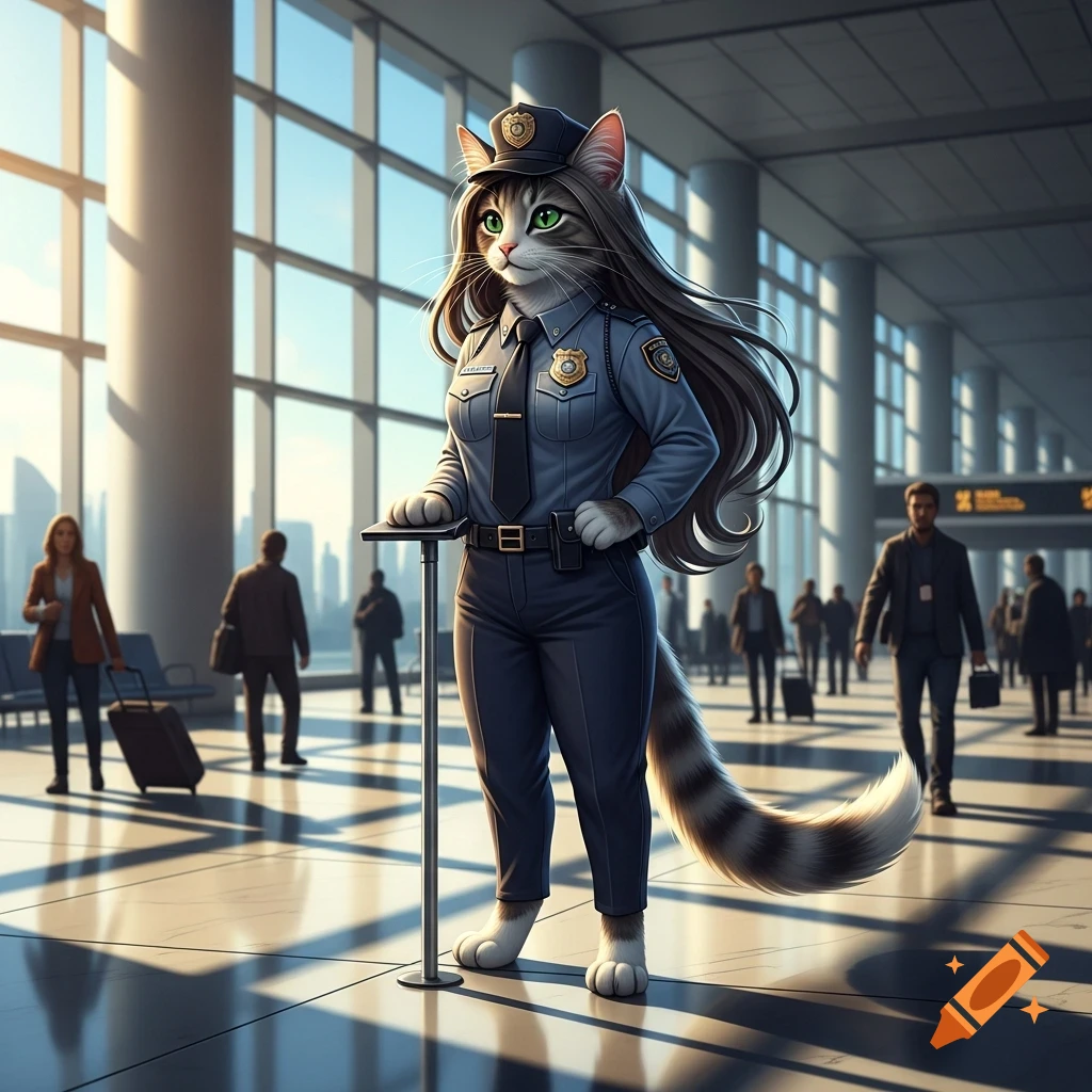 An anthropomorphic cat in a security guard uniform stands in a bright, modern airport terminal, looking forward.