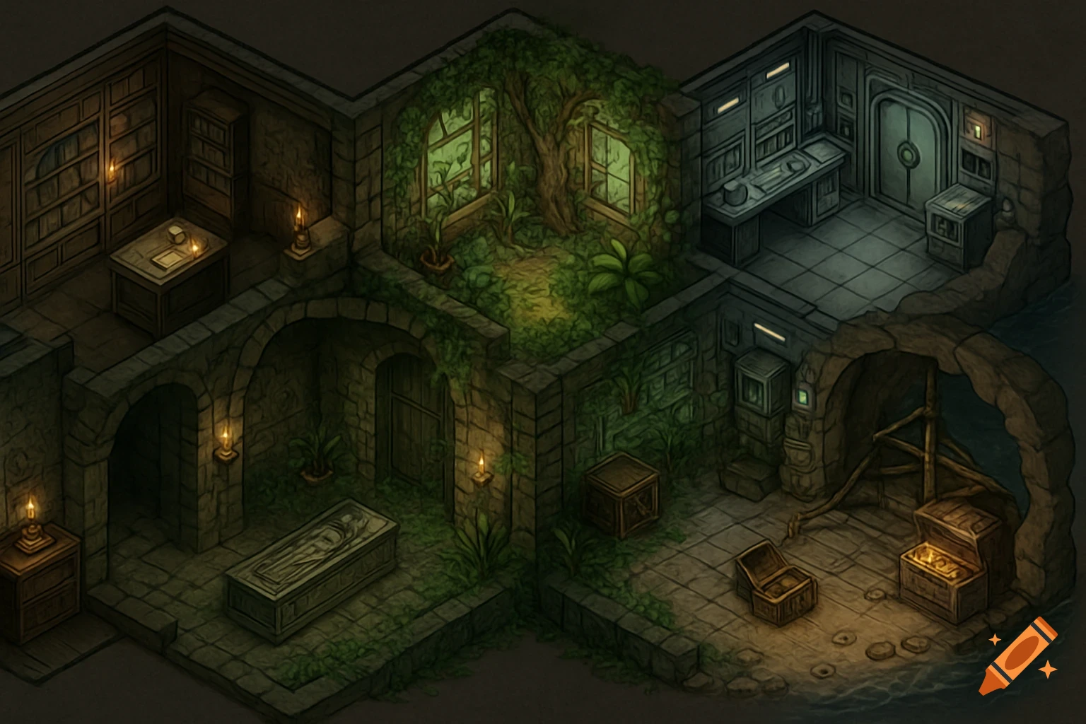 Isometric fantasy escape room map with library, overgrown ruins, a futuristic lab, a sarcophagus, and a cave with treasures.
