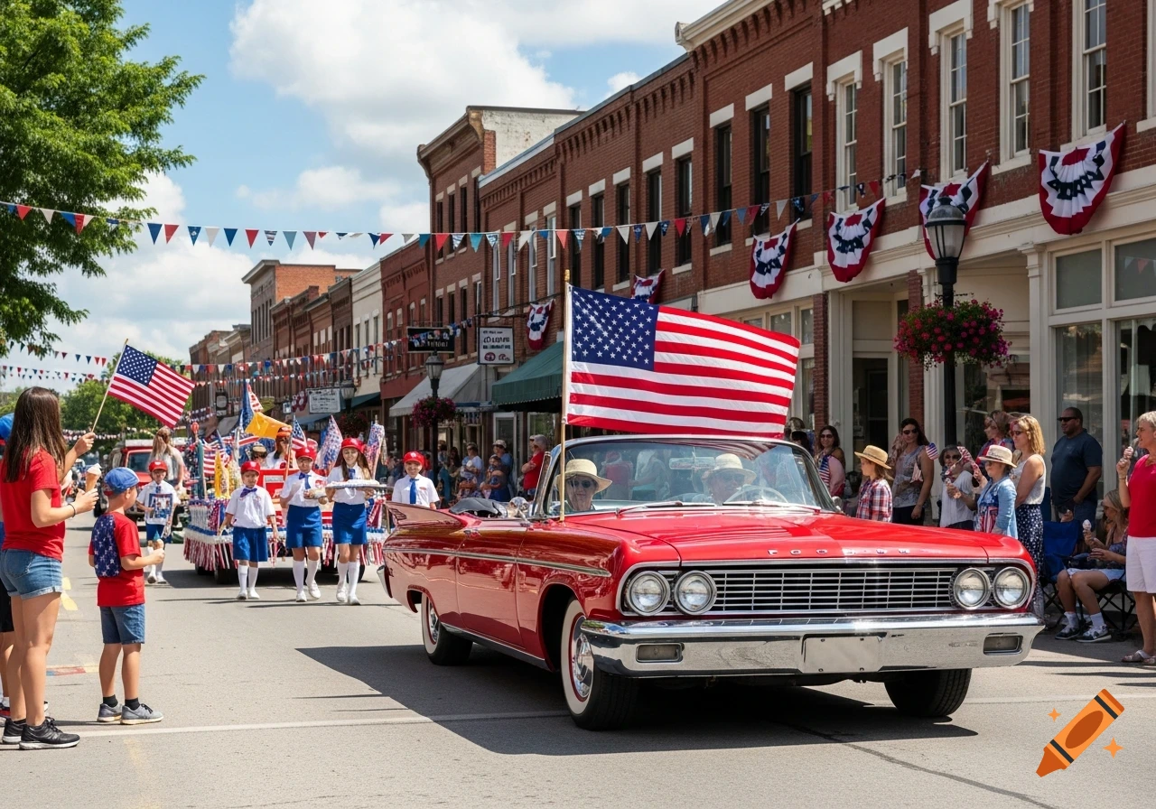 A lively Fourth of July parade scene with a shiny red classic convertible car flying a large American flag.