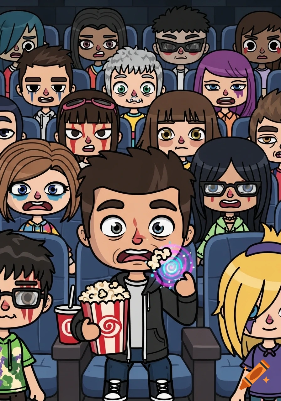A crowd of cartoon characters with exaggerated, scared expressions sits in a dark cinema, watching something off-screen. A man in the front holds popcorn with a glowing swirl effect.