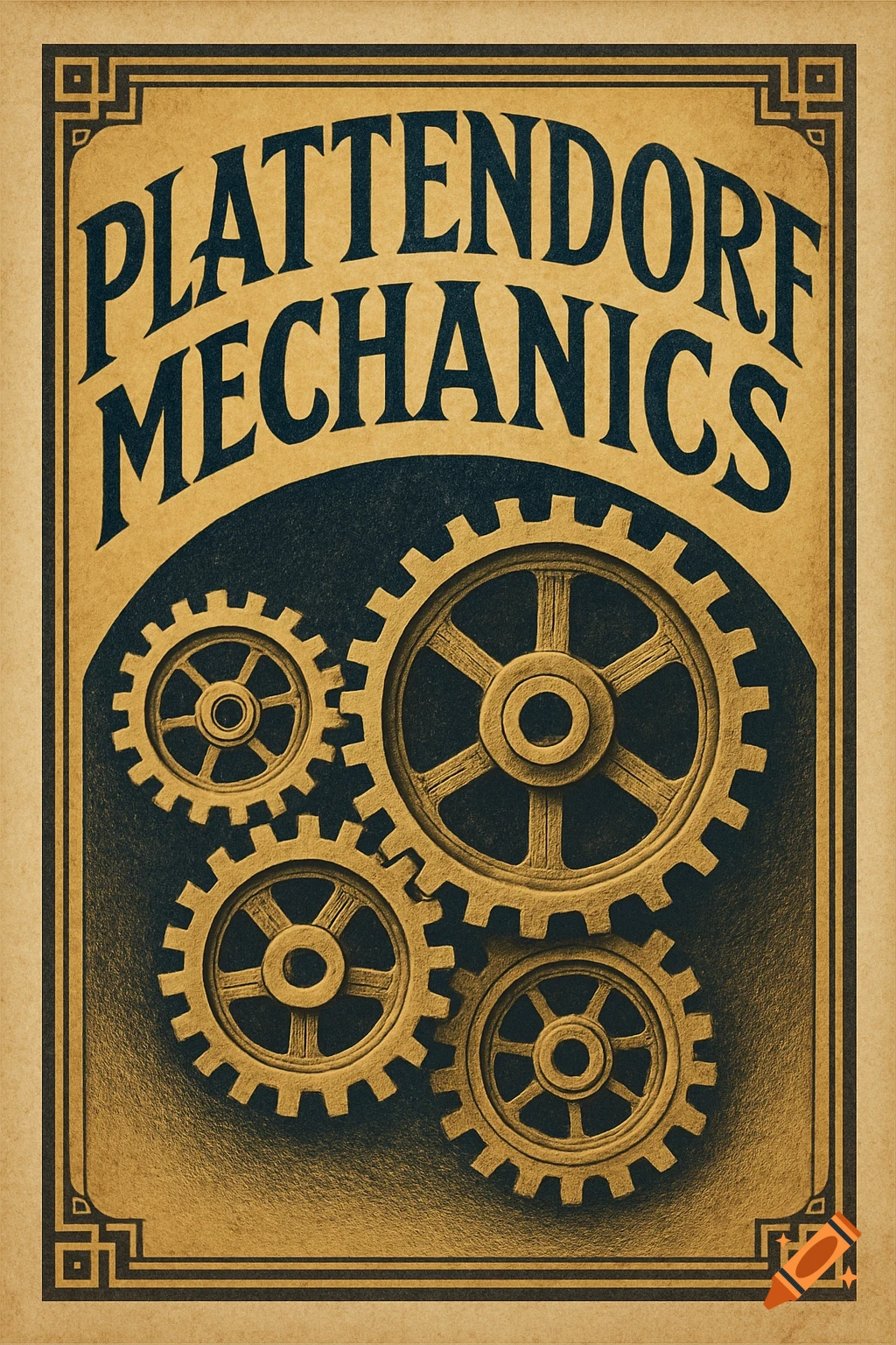 A 1920s vintage poster in sepia tones, featuring the text 'PLATTENDORF MECHANICS' above interlocking gears.