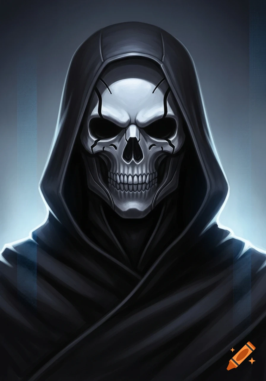 Close-up portrait of a character in a black cloak wearing a menacing metallic skull mask against a dark, glowing background.