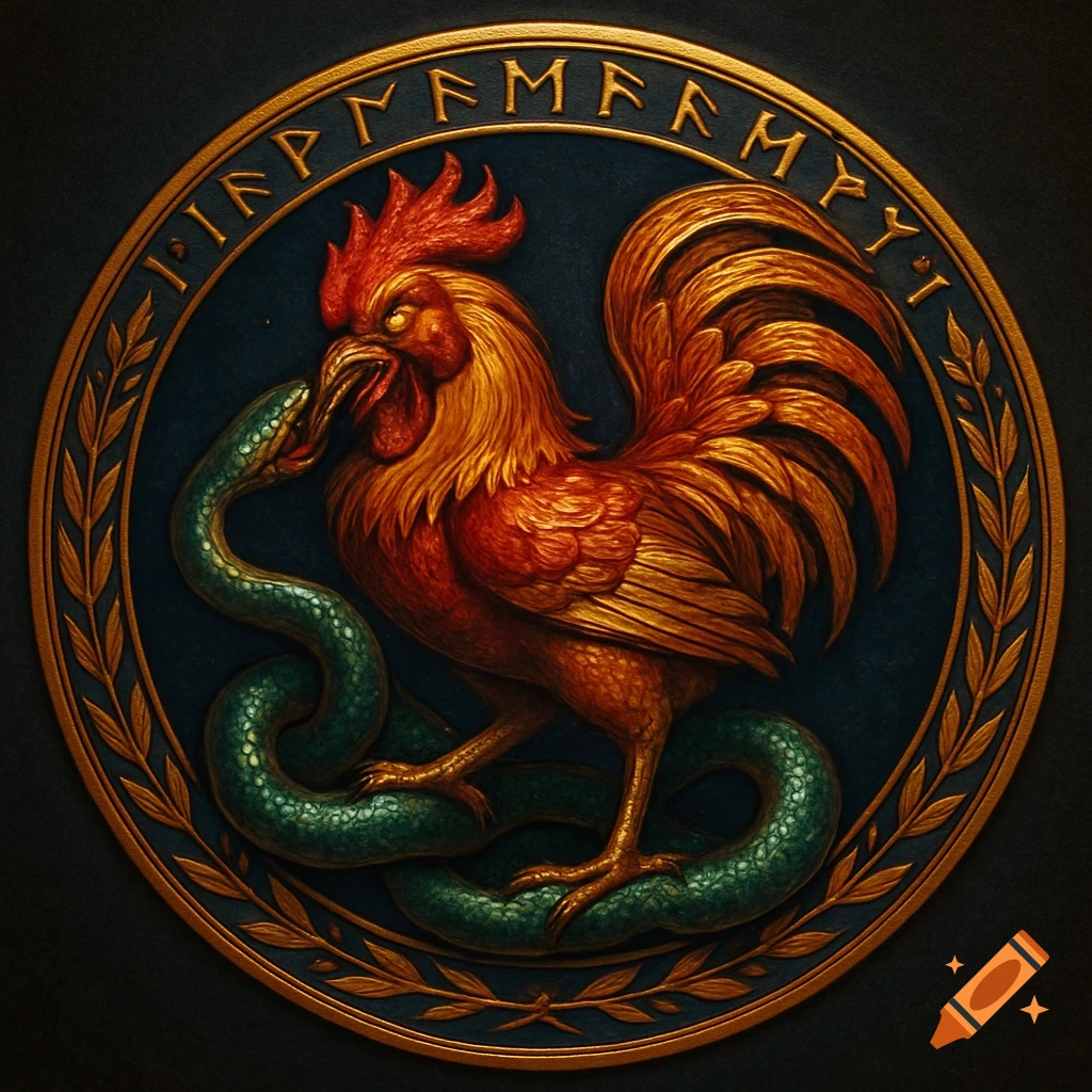 A stylized gold and red rooster fighting a green snake within a dark blue and gold circular emblem with runic text.