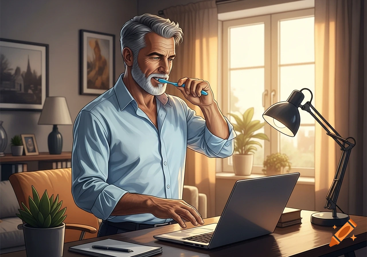 A mature man with a beard brushes his teeth while typing on a laptop at a desk in a sunlit home office, in an illustrative style.