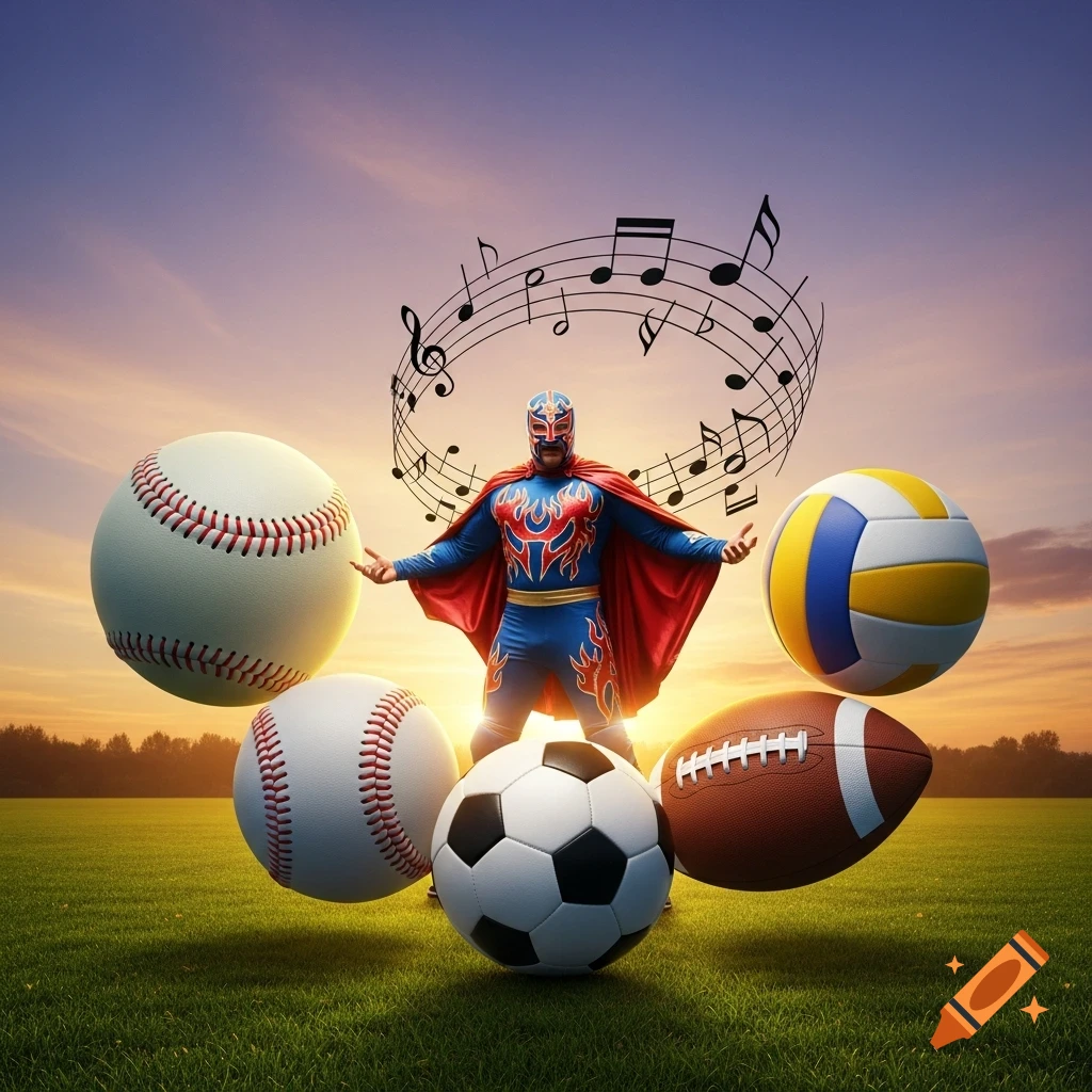 A masked wrestler in a blue and red costume stands in a grassy field at sunset, surrounded by floating sports balls and music notes.