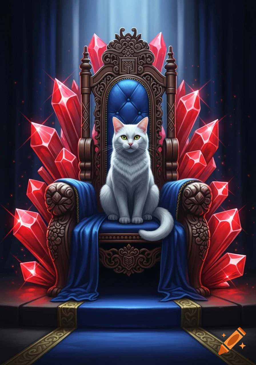 A majestic white cat with green eyes sits on an ornate blue and brown throne, surrounded by glowing red crystals.
