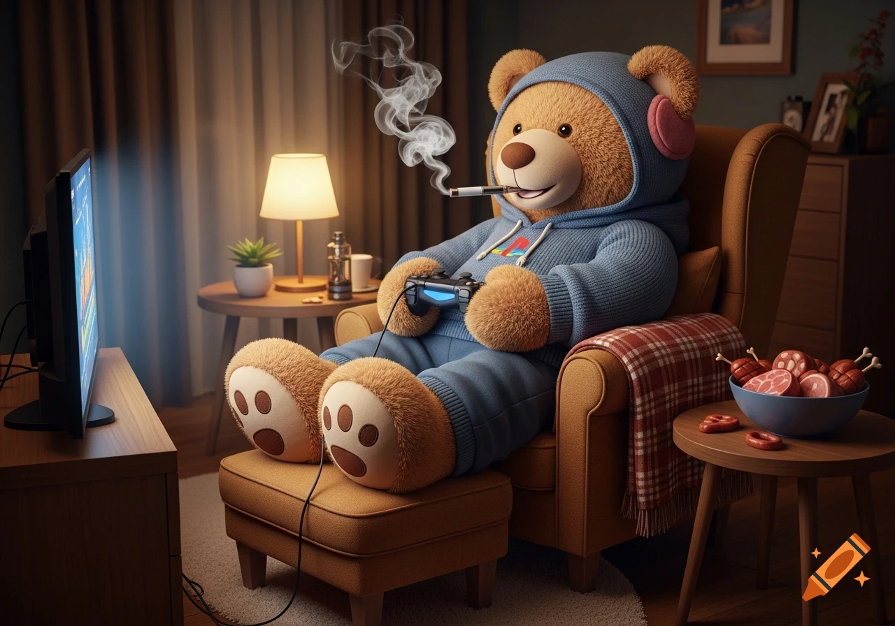 A teddy bear in a hoodie and headphones plays video games with an e-cigarette in its mouth, watching a TV in a dimly lit room.