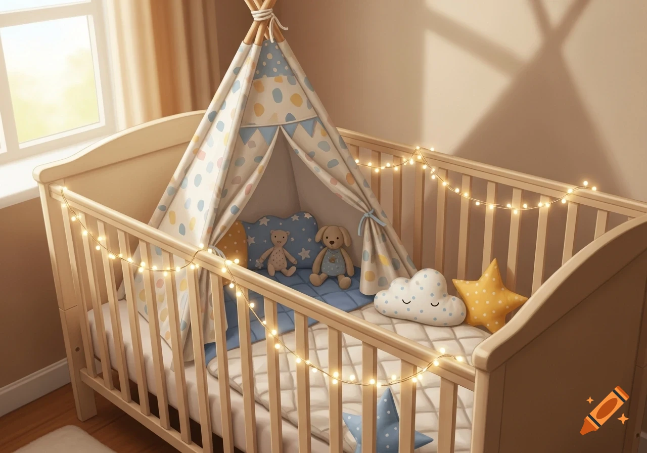 A cozy baby crib featuring a patterned teepee, fairy lights, plush bear and dog toys, and star and cloud pillows.